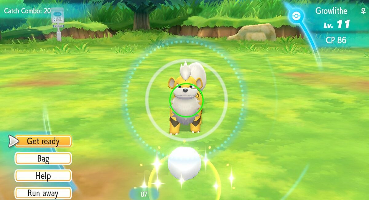 Screenshot Pokémon Let's Go toont vangen shiny Growlithe