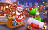 Kersttaferelen in winterse trailer Mario Kart Tour