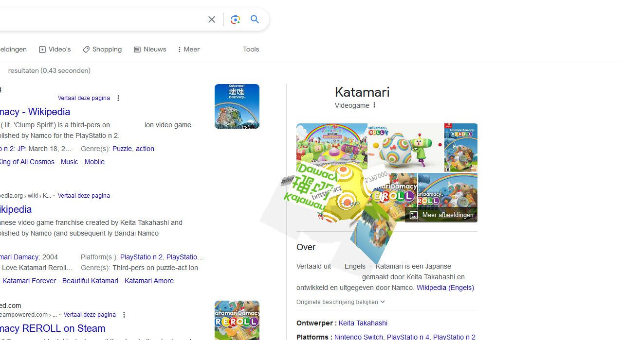 Een Katamari-bal die zoekresultaten van Google oprolt